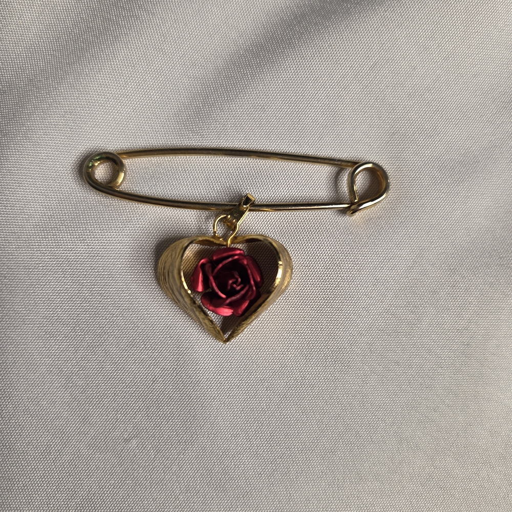 Gold Heart  Brooch with Pink Rose Charm
